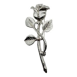 Vintage Silver-Tone‎ Rose Flower Brooch Pin – Textured Leaves – 2”